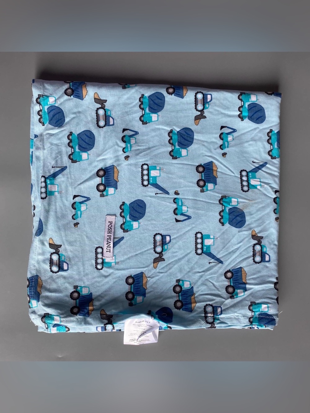 Posh Peanut Blue Construction Trucks Swaddle Bamboo Blanket Single Layer NWOT
